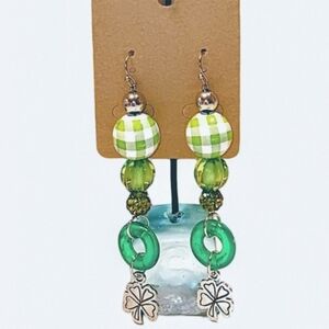 HANDMADE Four Leaf Clover Green & White Plaid Beaded St. Patrick's Day Earrings